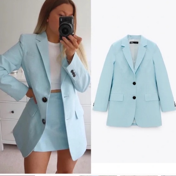 Zara Jackets & Blazers - Zara Turquoise Blue Long Oversized Boyfriend Blazer bloggers favorite